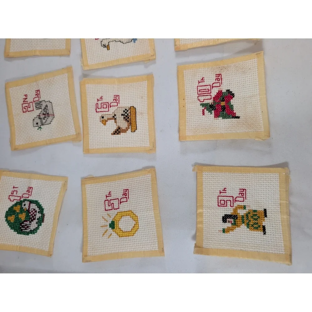 Vintage 12 Days of Christmas Cross Stitch ornament Set Handcrafted Holiday Decor